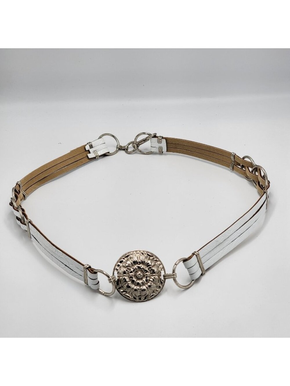 VTG Leather Western/Boho Belt With Silver Ornate Concho Buckle & Braided Details